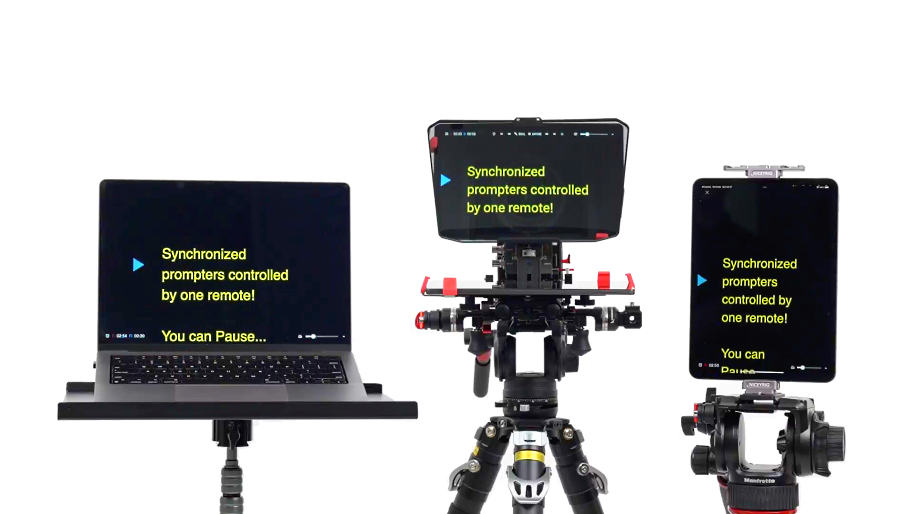 Synchronized teleprompter devices including a laptop, a camera-mounted monitor, and a tablet