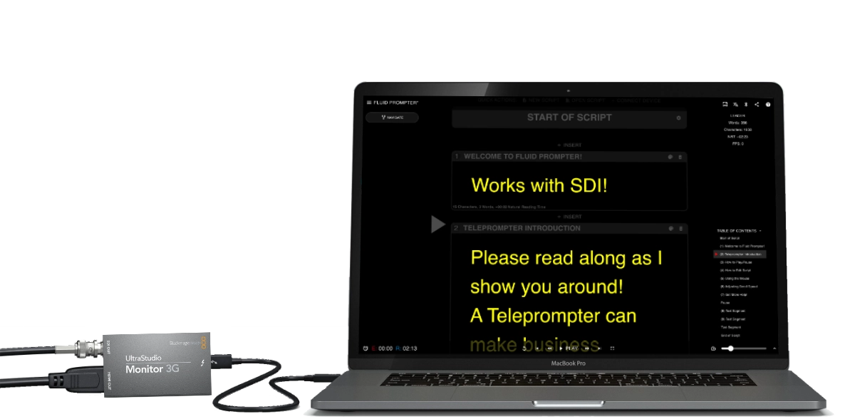 FluidPrompter running on a MacBook Pro connected to an UltraStudio Monitor 3G for SDI output
